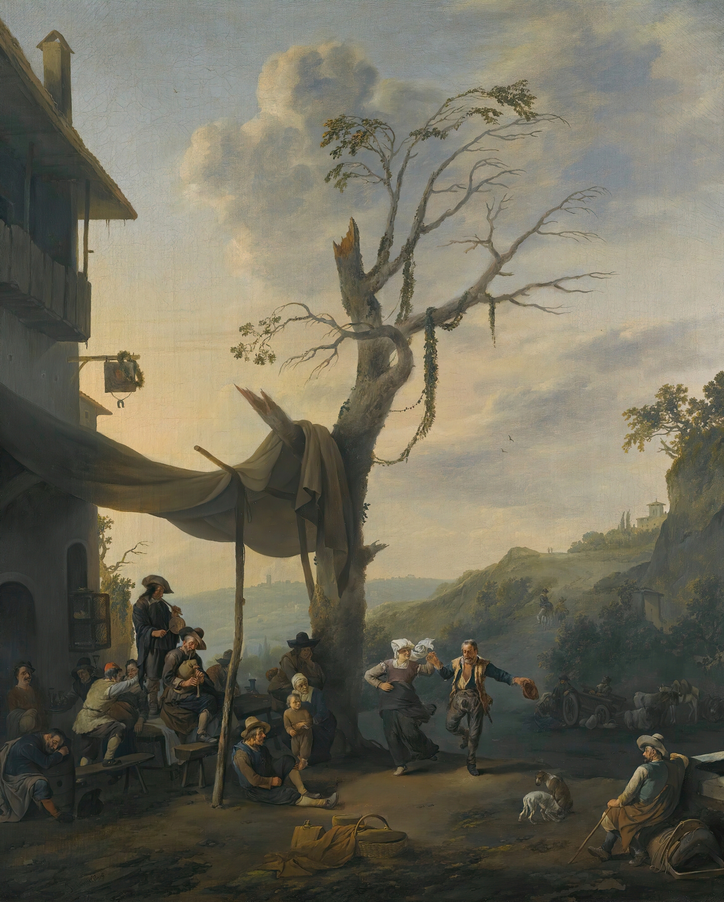 Peasants Dancing The Tarantella Outside An Inn In A Hilly Italianate Landscape, by Johannes Lingelbach, public domain