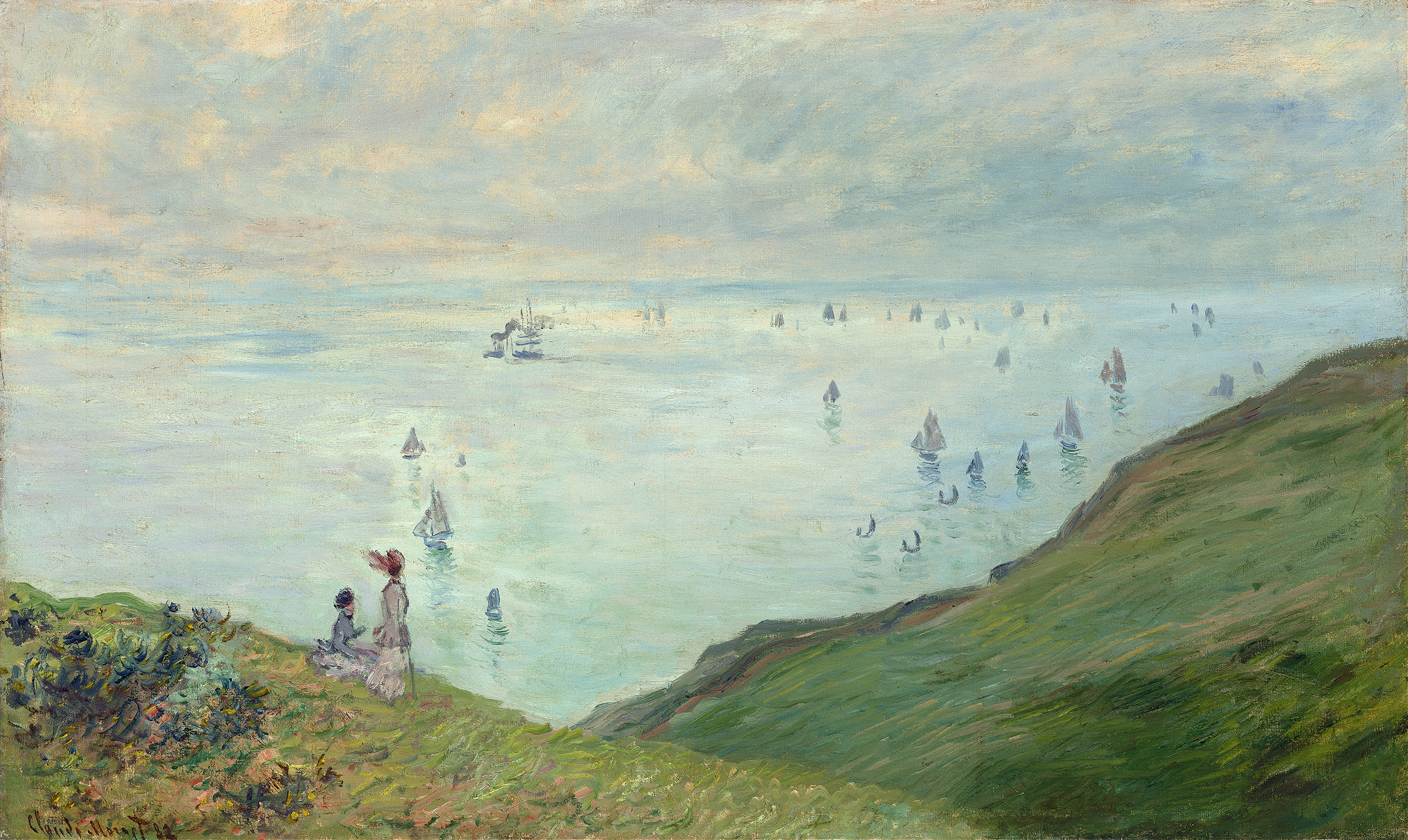 Cliffs at Pourville, oil painting by Claude Monet depicting cliffs, sea, and grass.