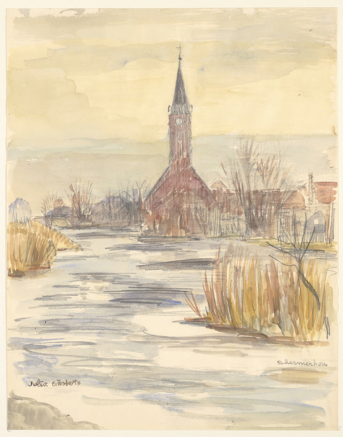 Landscape with a church and tranquil water, oil on canvas by Julia Giesberts