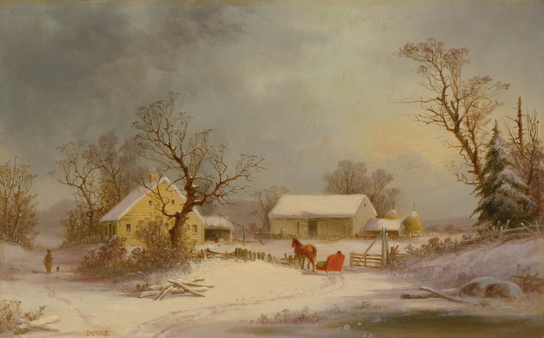 Winter-Time On The Farm by George Henry Durrie, oil on canvas, depicting a snowy farm landscape.