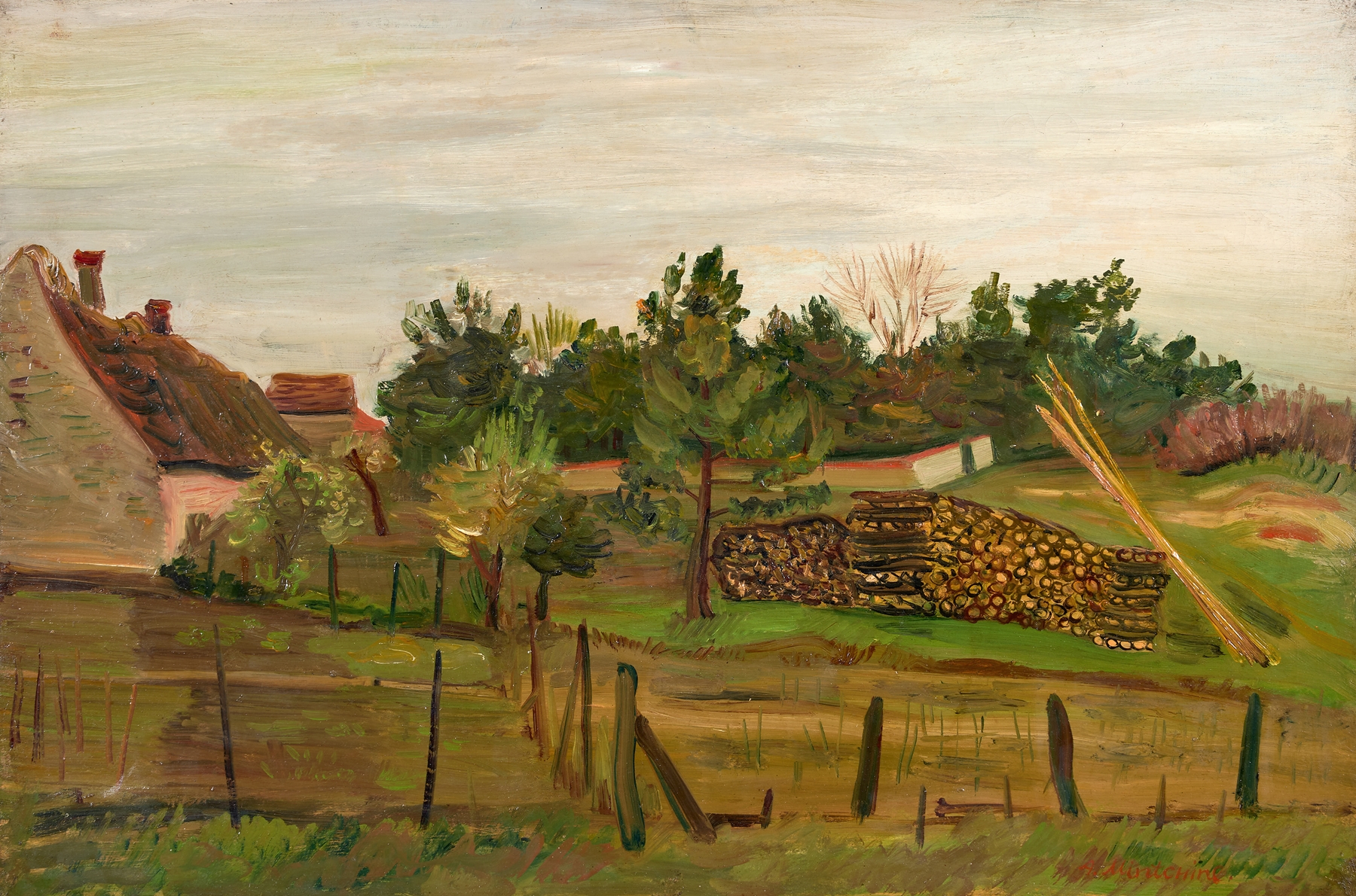 Cour de ferme by Abraham Mintchine, oil on canvas depicting an interior with wooden beams and fading light.