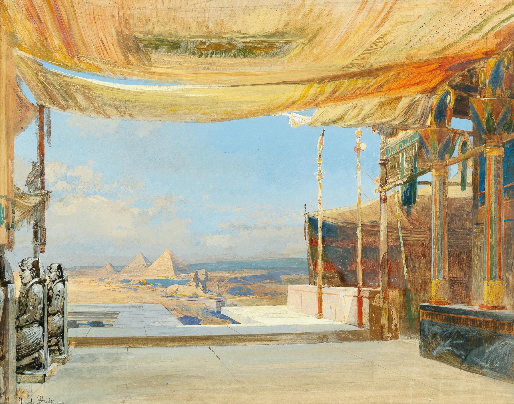 Landscape featuring the Sphinx and pyramids in Giza, oil painting by Konrad Petrides