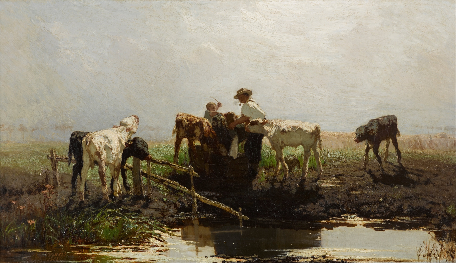 Calves at a trough by Willem Maris, oil painting depicting calves in soft light