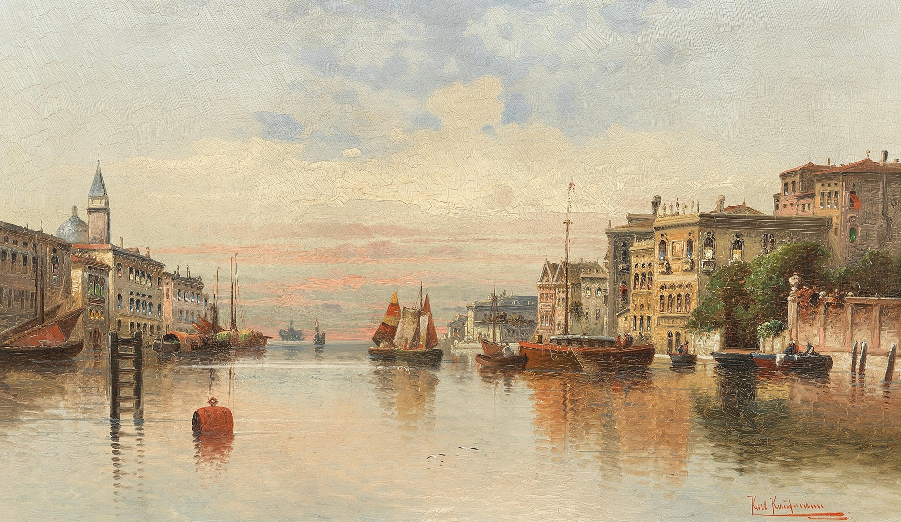 Venice, a View of a Canal by Karl Kaufmann, oil painting depicting serene waters and buildings.