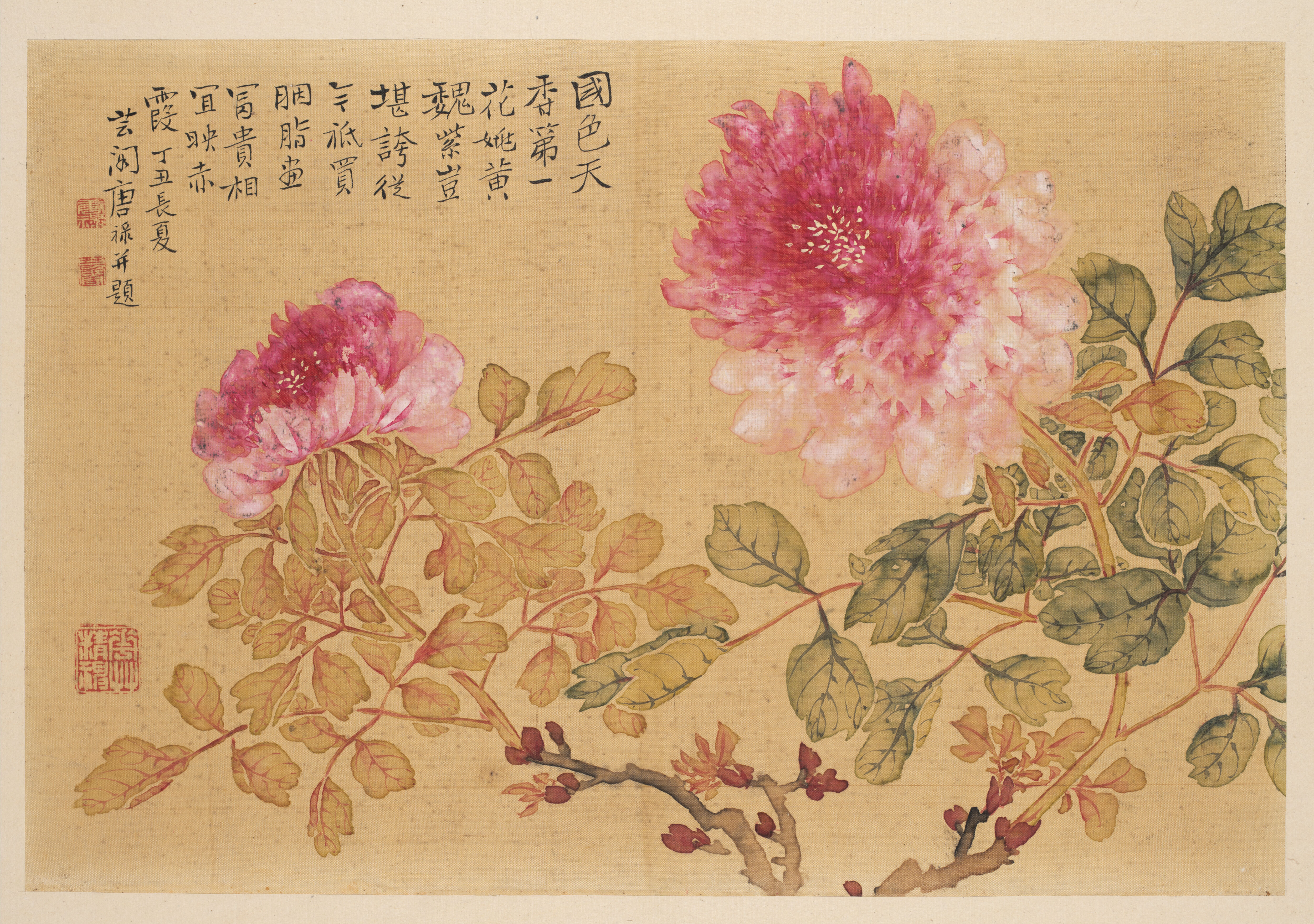 Peonies by Tang Lu, silk artwork depicting vibrant flowers