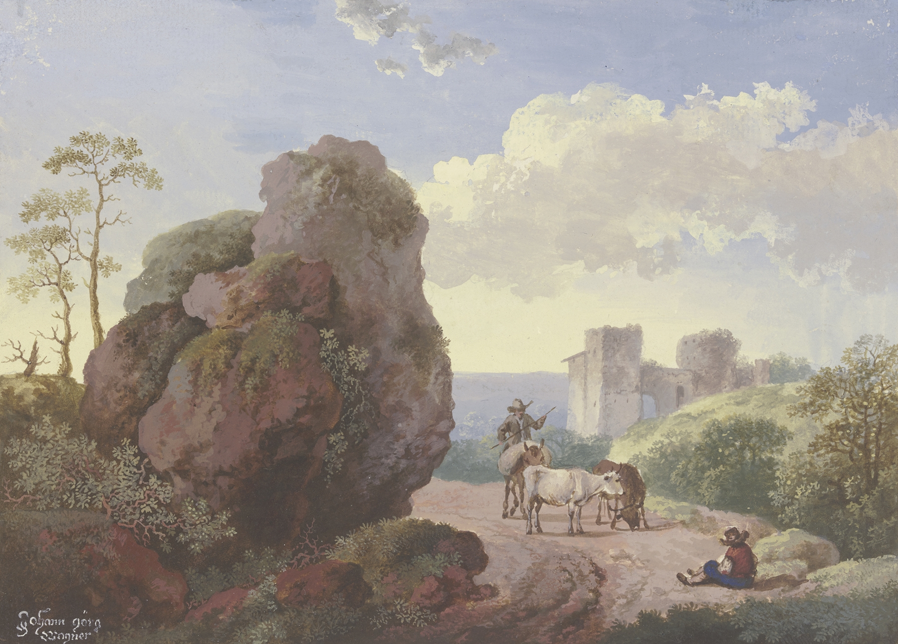 Landscape oil painting by Johann Georg Wagner featuring a rock, path, shepherd, and cattle.