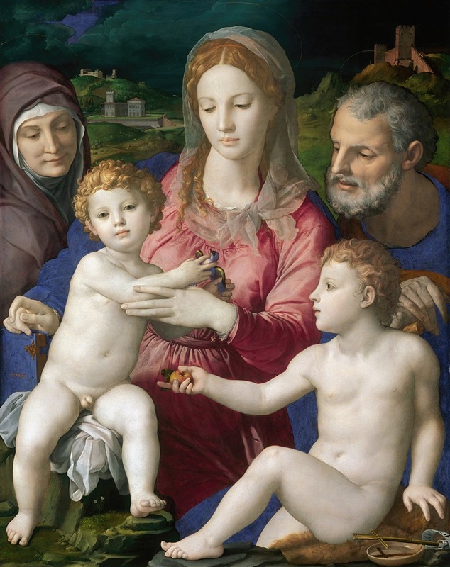 Agnolo Bronzino's 'Holy Family with St. Anne and the Infant St. John' depicts a serene family scene.