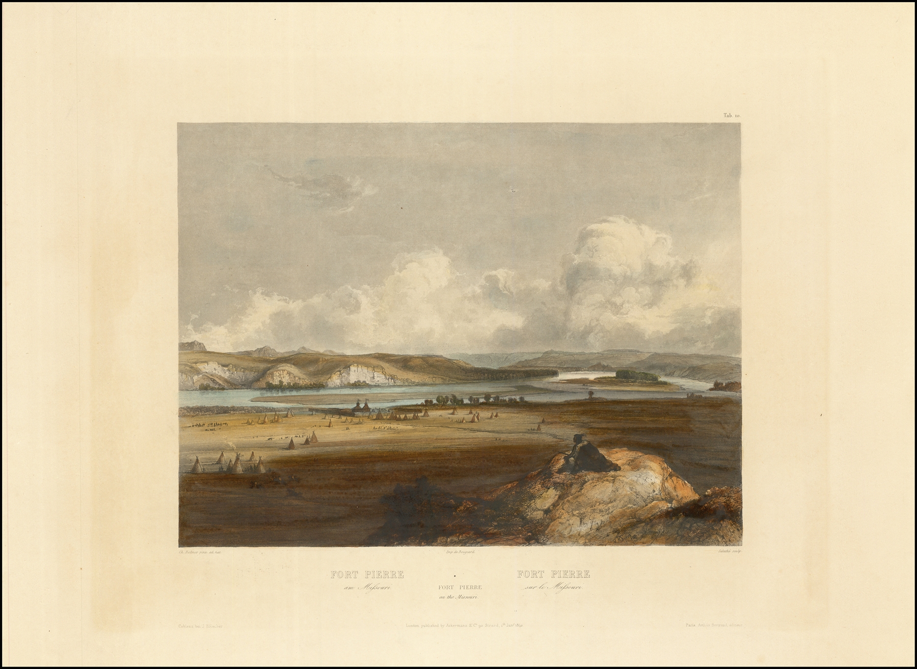 Fort Pierre on the Missouri, watercolor on paper by Karl Bodmer