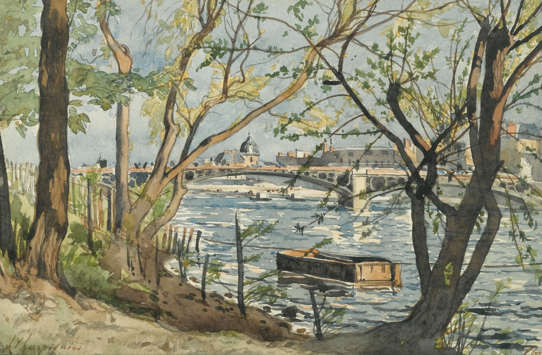 Oil painting by Henri-Joseph Harpignies depicting the Seine and Carrousel Bridge