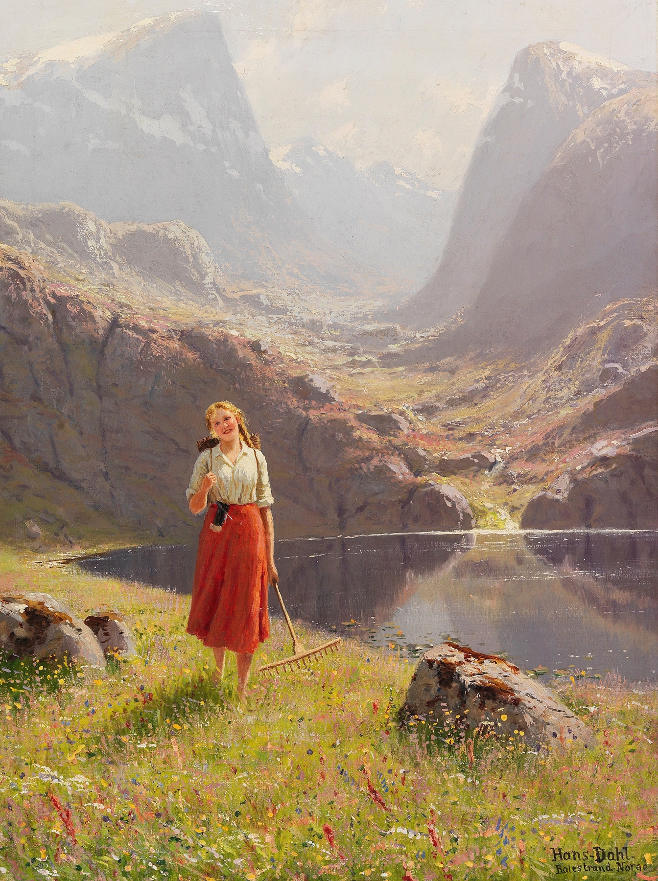 Genre scene depicting a girl with a rake and box in a Norwegian fjord, by Hans Andreas Dahl.