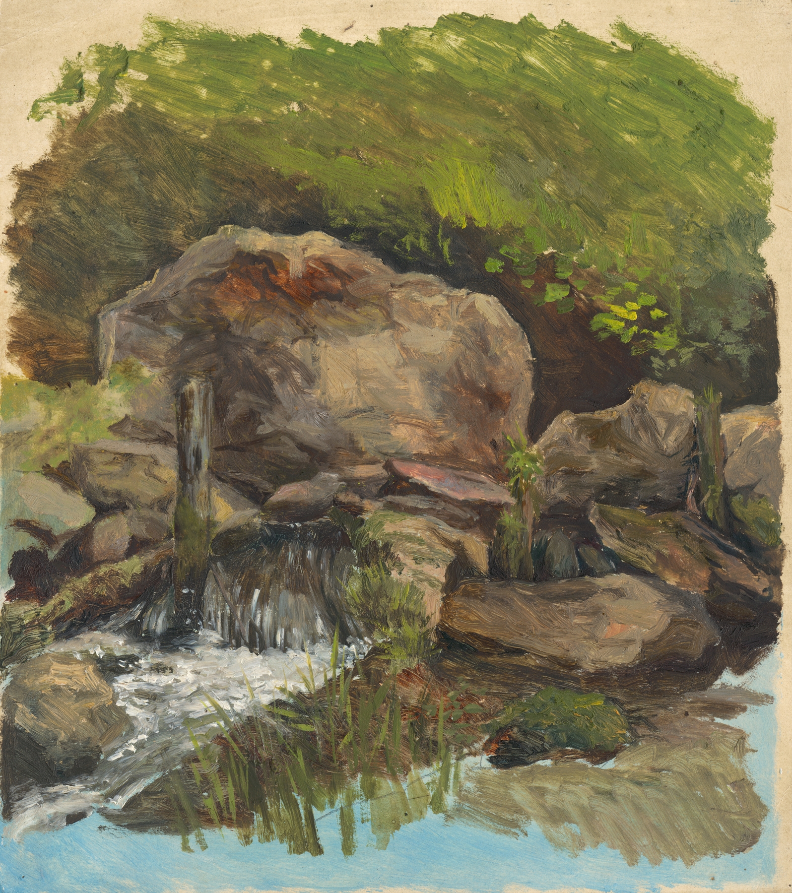 Rocks by Jan Nowopacký, oil on canvas depicting jagged rocks illuminated by soft light.
