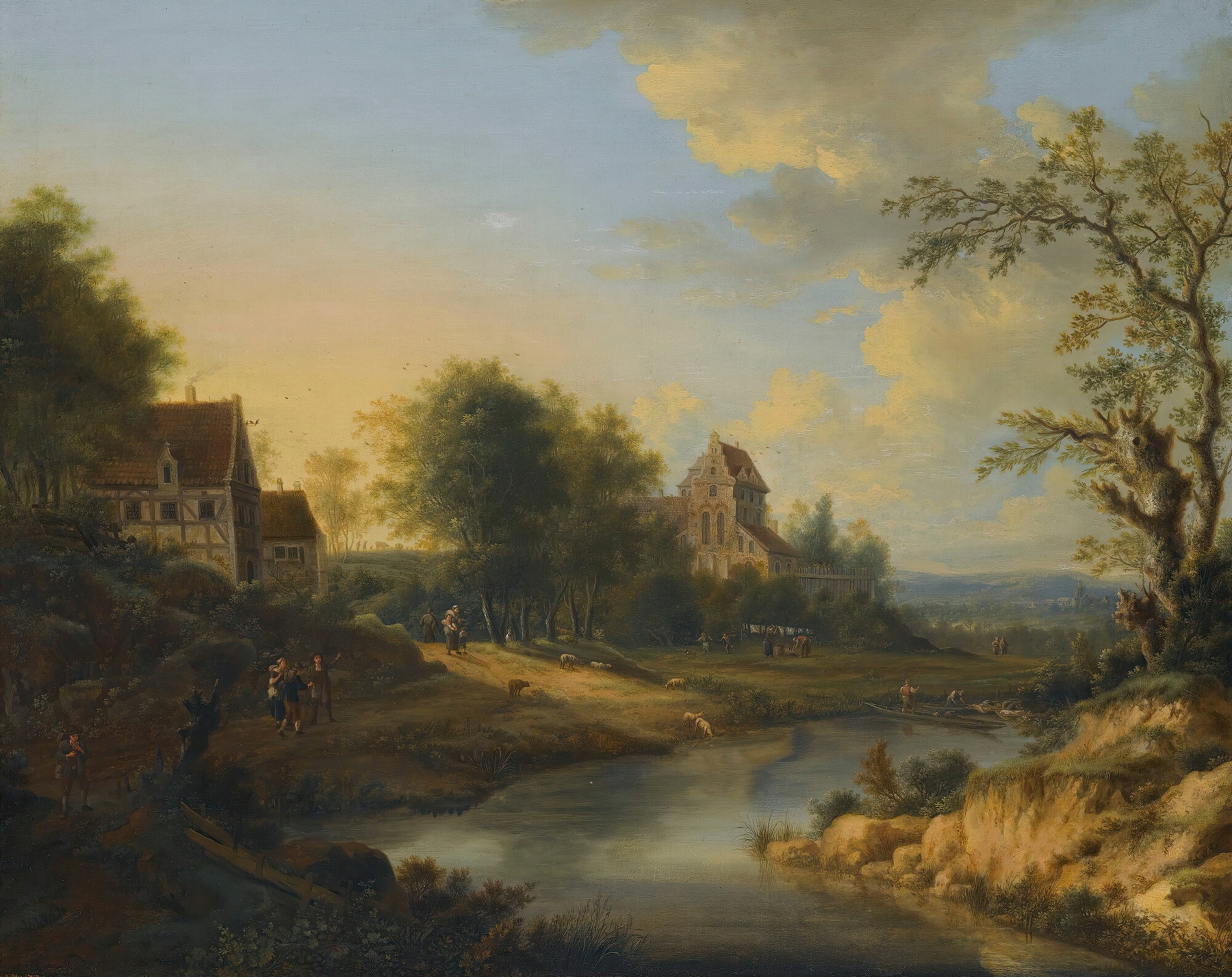 A river landscape with figures on the bank and sheep grazing, oil on canvas by Johann Christian Vollerdt