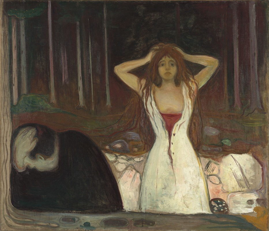 Edvard Munch's *Ashes* explores themes of love and loss through vivid colors and emotional figures.