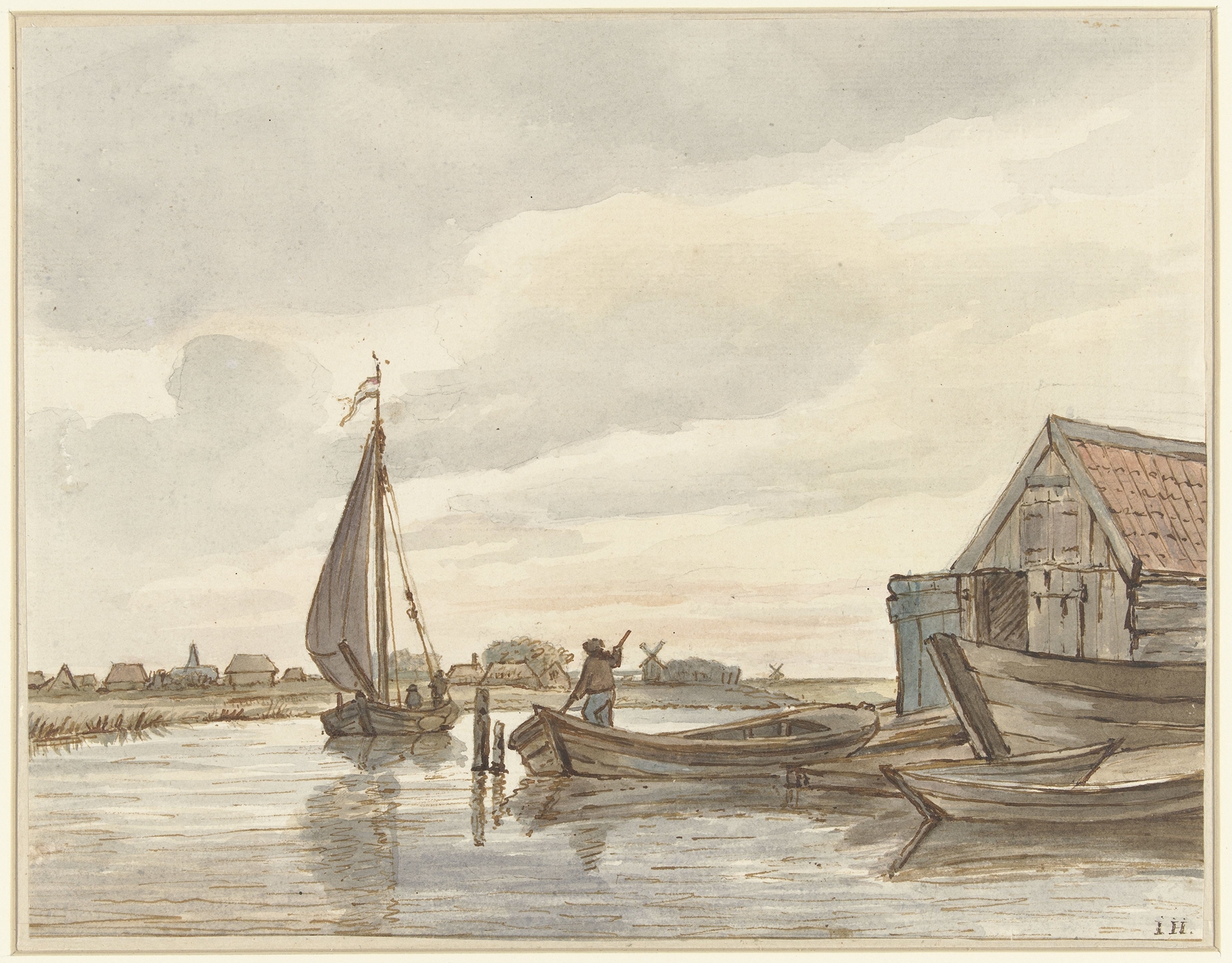 Enkele bootjes op een sloot, by Jan Hulswit, public domain