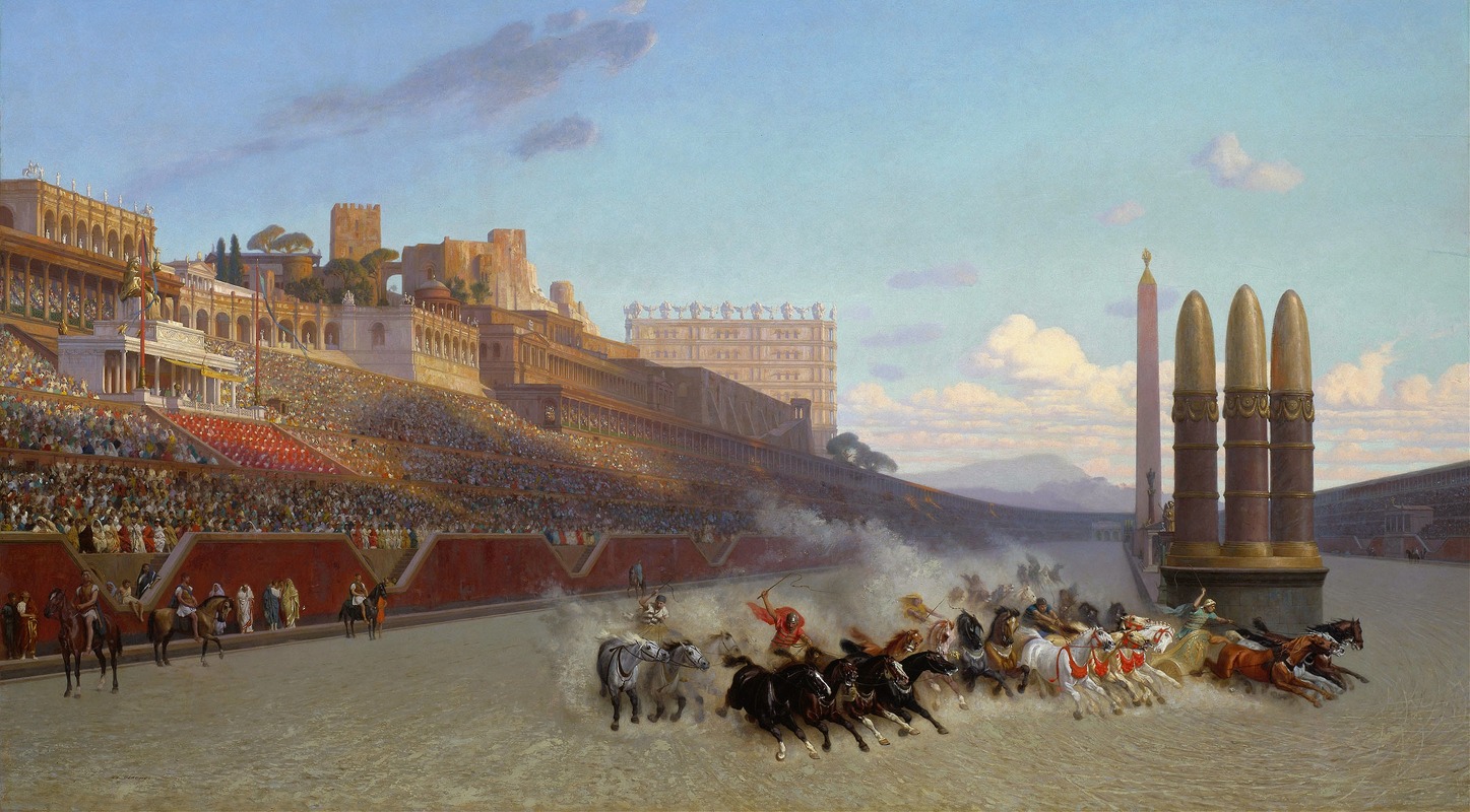 Chariot Race by Jean Léon Gérôme, oil painting depicting a dynamic horse race