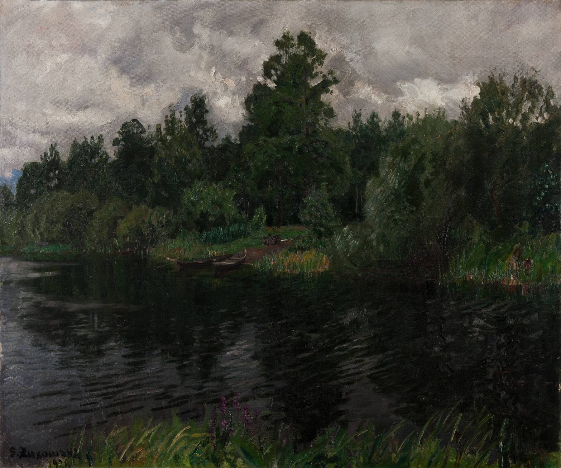 Rivulet in Polesie, oil painting by Stanislaw Zukowski, depicting a tranquil river with reflections in lush greenery.