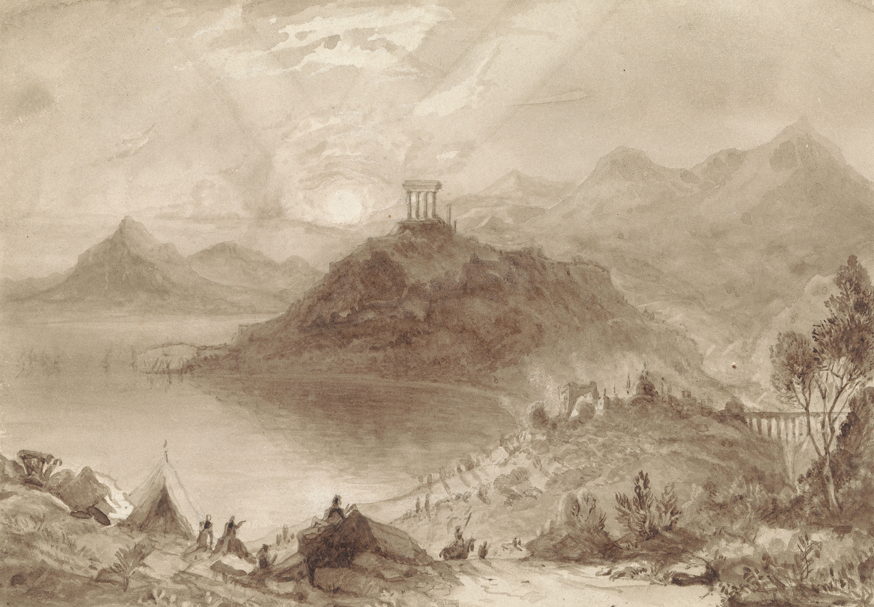 Classical Landscape with Temple by Isaac Weld, oil painting depicting a serene landscape with ruins and a winding path.
