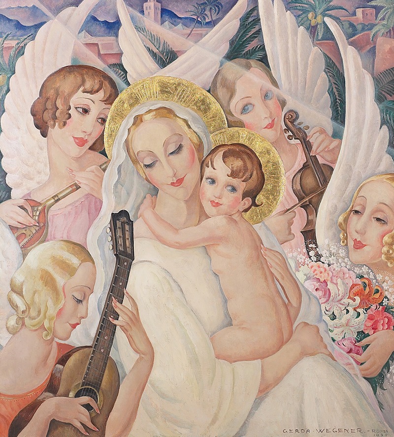 A painting of Madonna with child, surrounded by musical angels by Gerda Wegener.