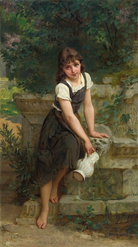 A young girl interacts with a fountain in Émile Munier's painting 'At The Fountain'.