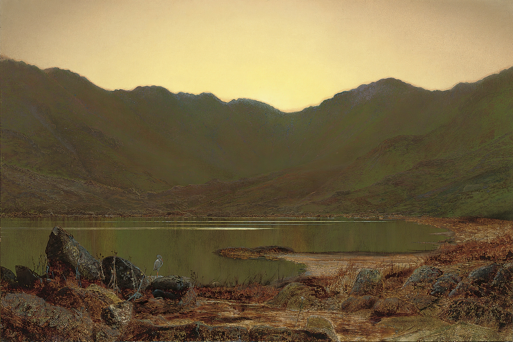 Landscape with a heron by shimmering waters, oil painting by John Atkinson Grimshaw