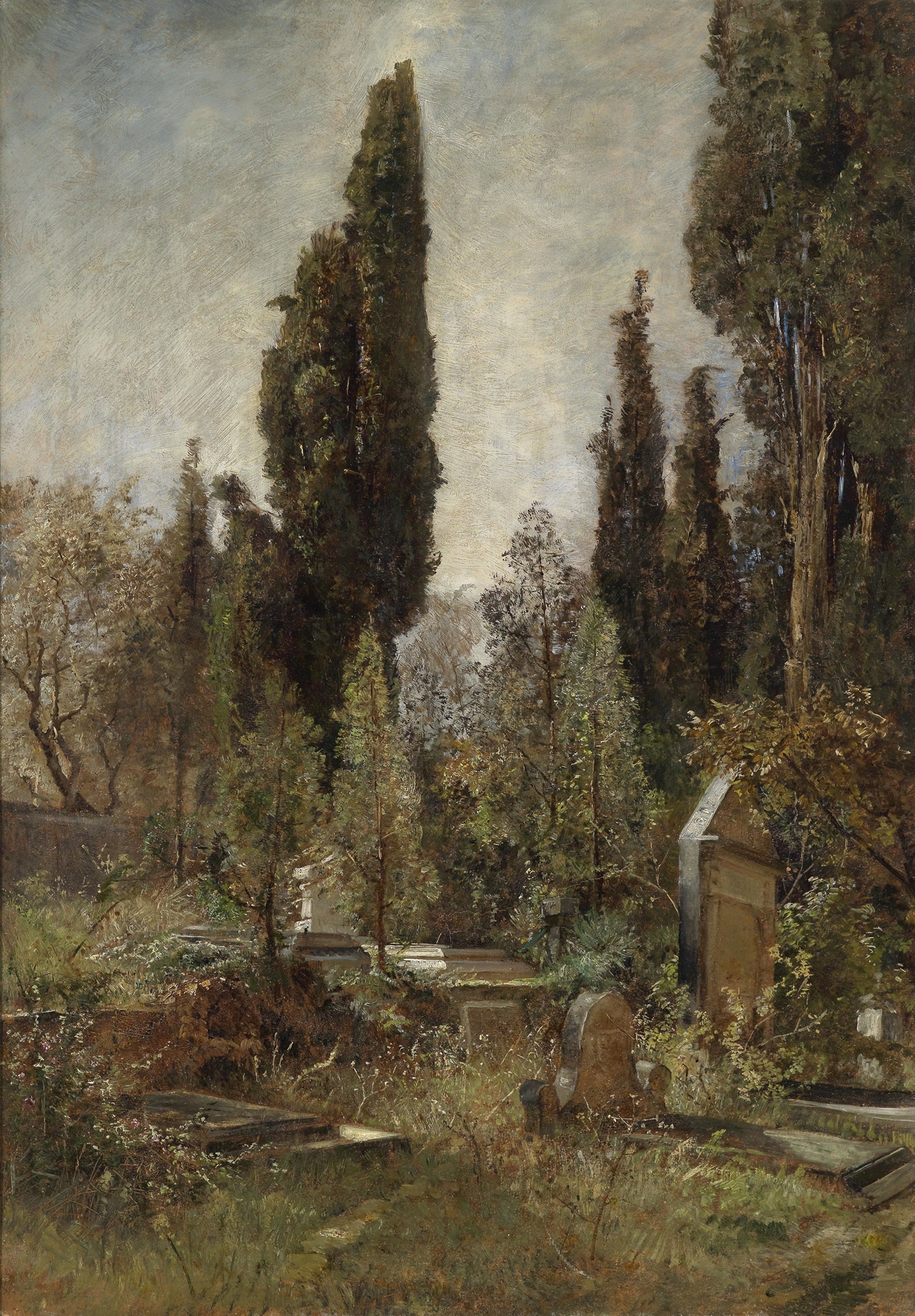Alter Friedhof by Marie Egner, oil on canvas depicting a somber landscape with twisted trees.