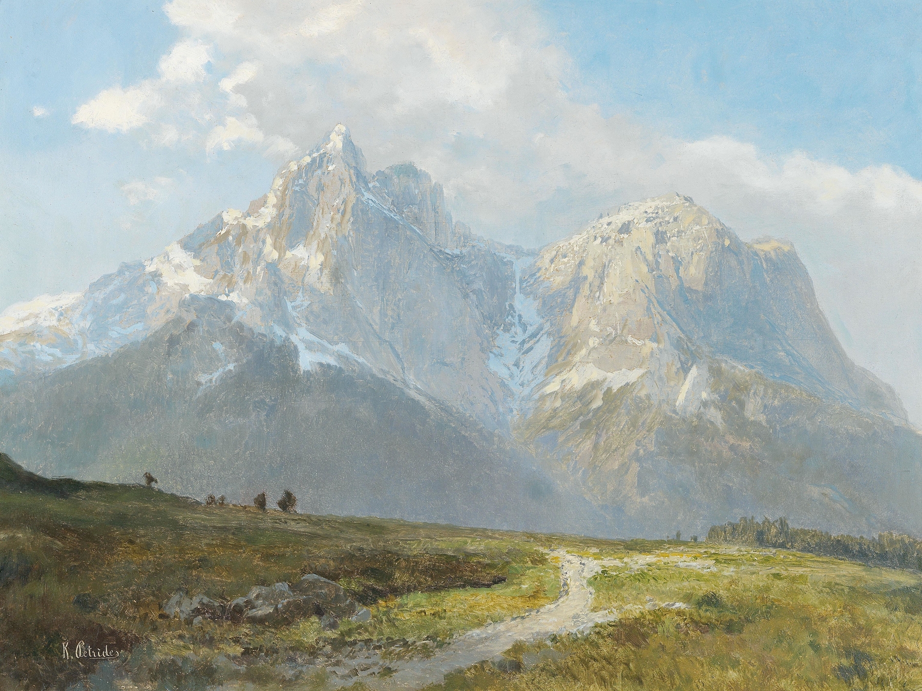 Mountain landscape oil painting by Konrad Petrides featuring hills and majestic mountains.