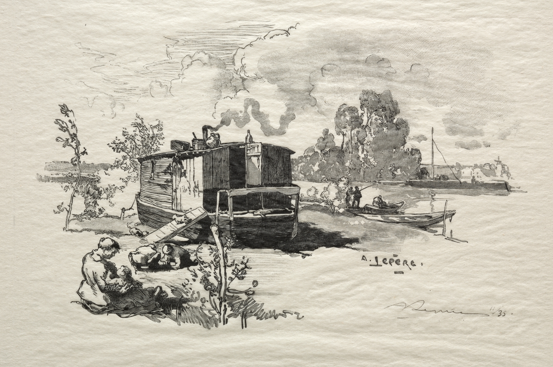 Engraving by Auguste Louis Lepère depicting a boat on tranquil waters.