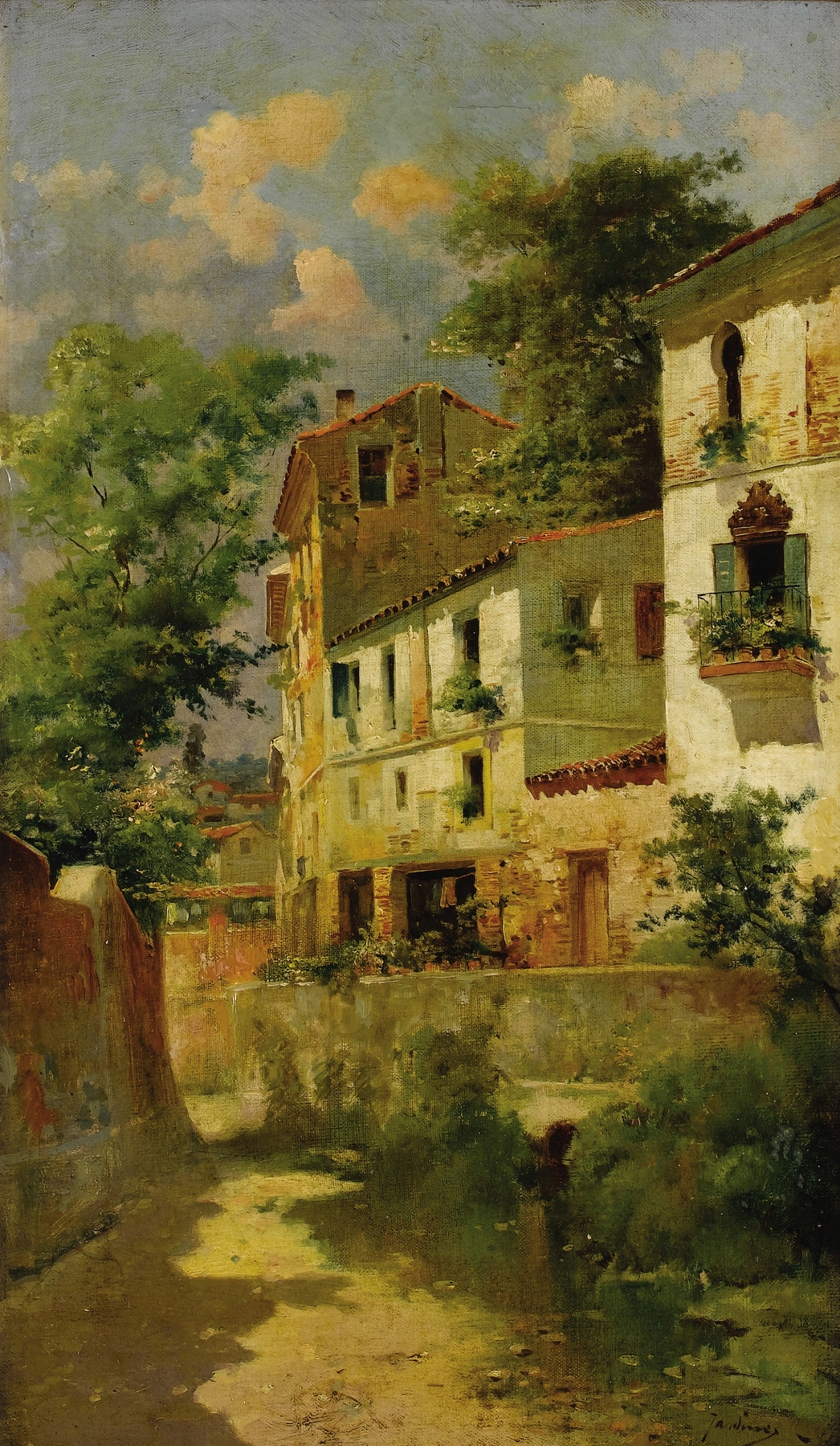 Casas Españoles by José María Jardines, oil painting depicting a nostalgic Spanish village landscape.