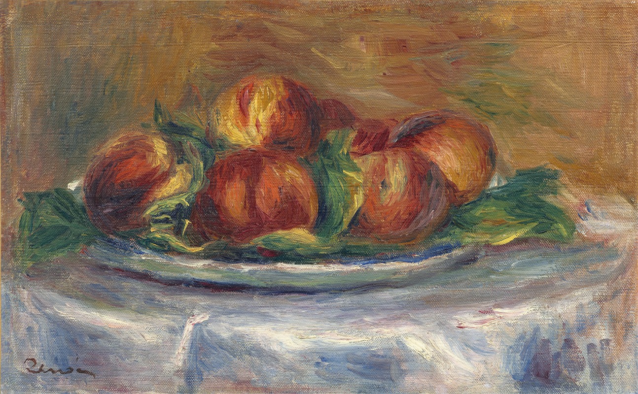 A still life painting by Renoir featuring peaches on a plate.