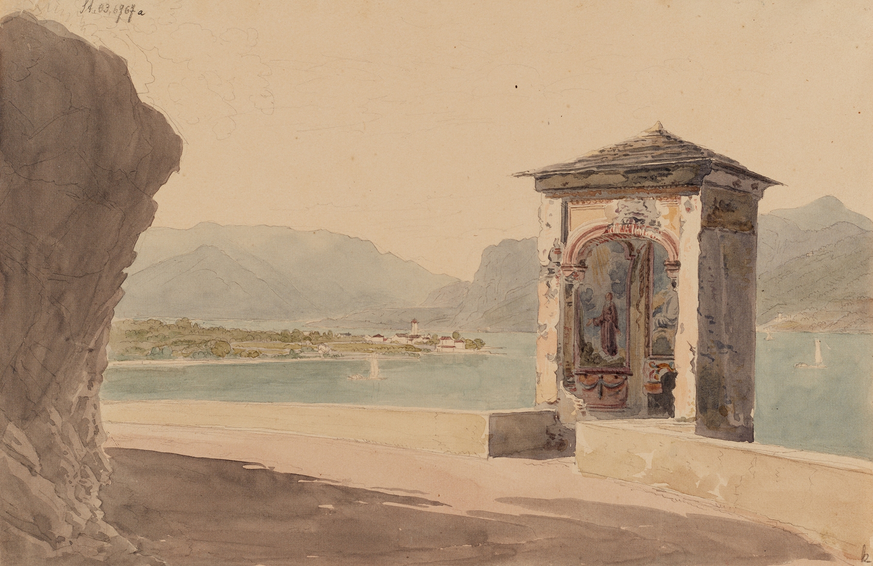 Landscape oil painting by Johann Jakob Meyer featuring a chapel and rolling hills