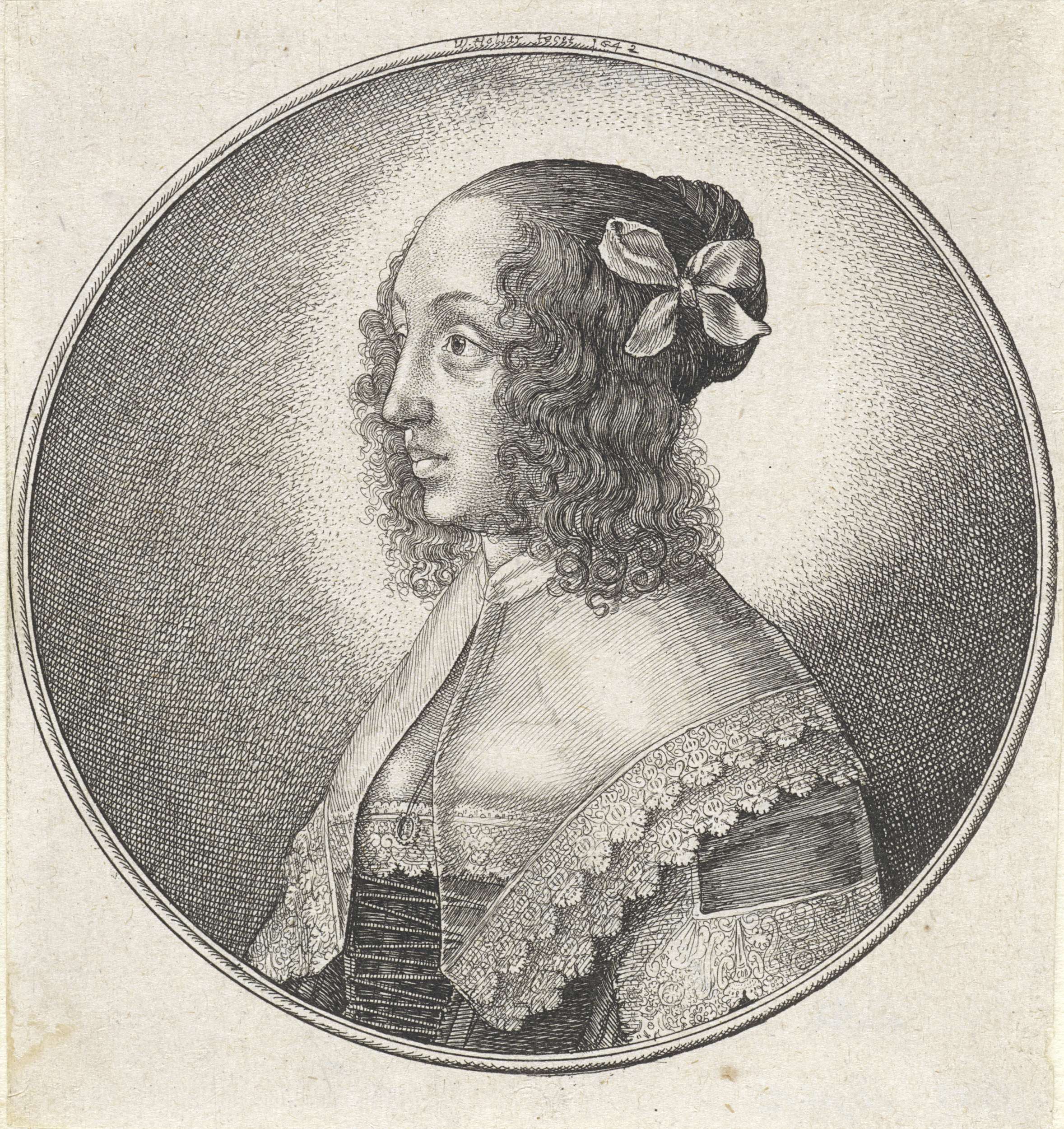 Portrait of a woman with a lace collar and bow in her hair, etching by Wenceslaus Hollar