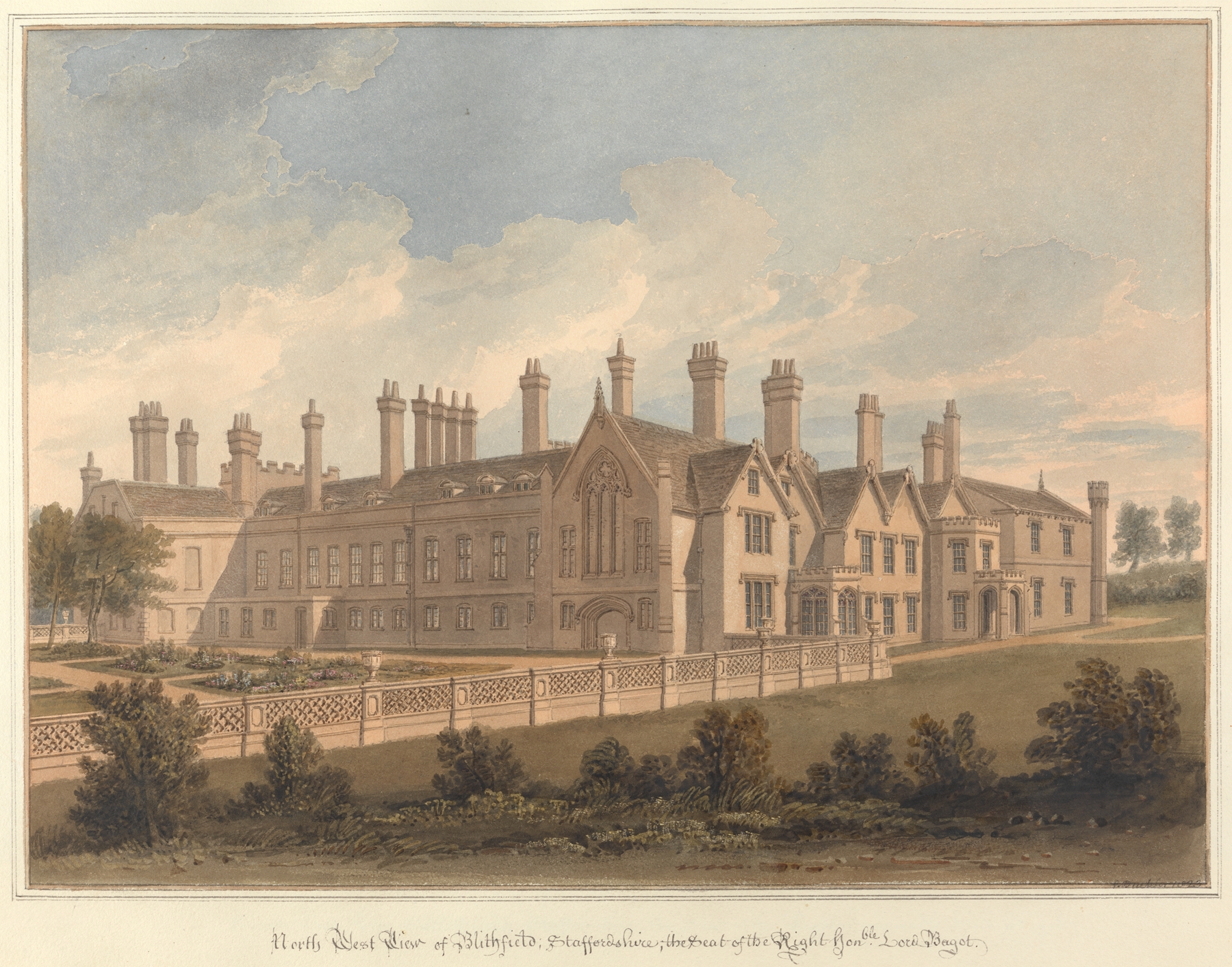 North West View of Blithfield, landscape by John Buckler