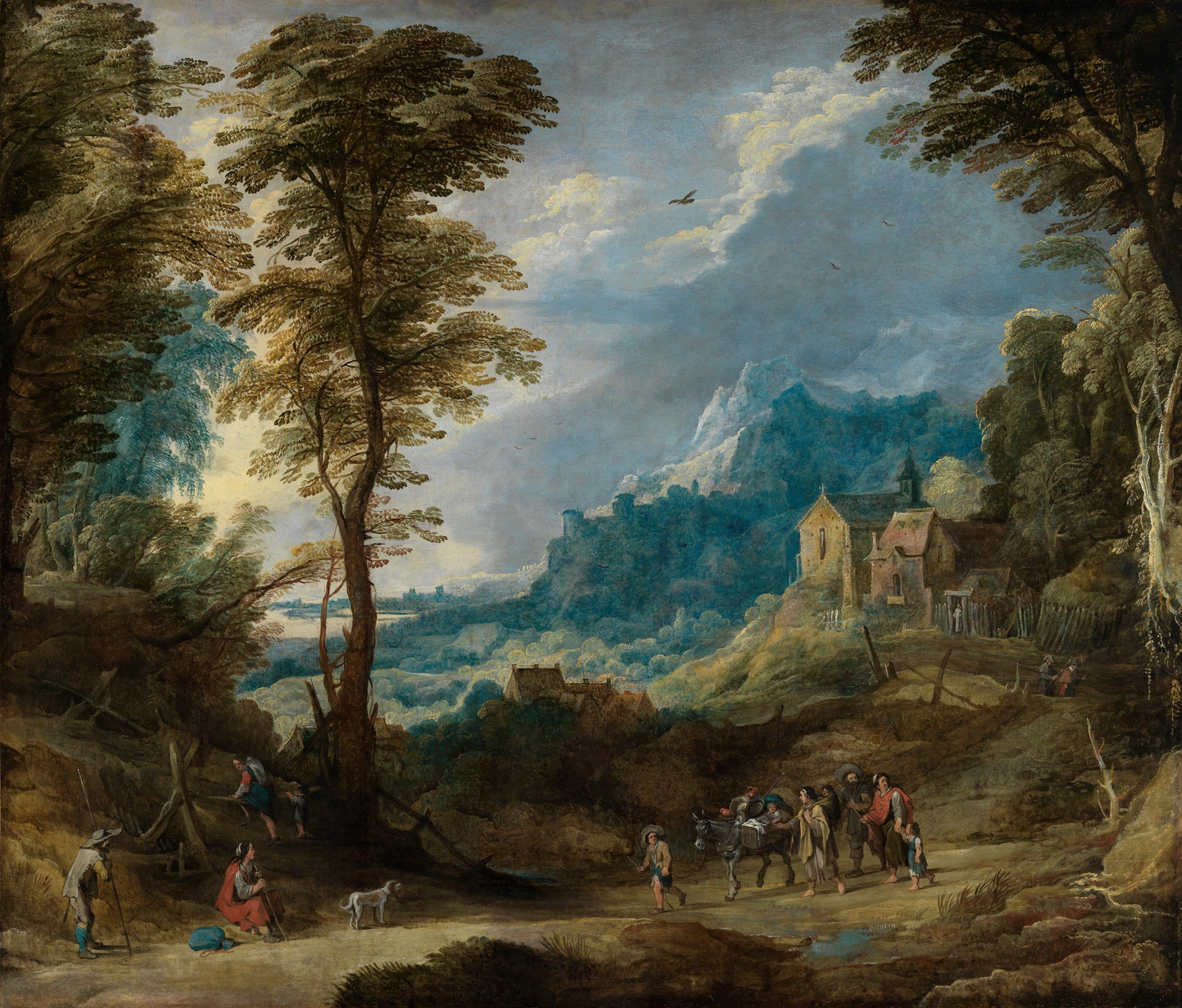 Gebirgslandschaft mit Pilgern und fahrendem Volk, by Joos de Momper, public domain