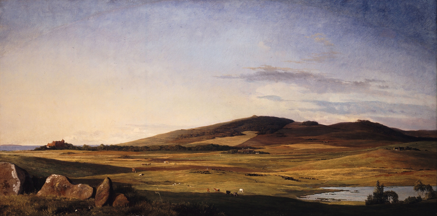 Zealand Landscape by Johan Thomas Lundbye, oil painting depicting rolling hills and a vast sky.