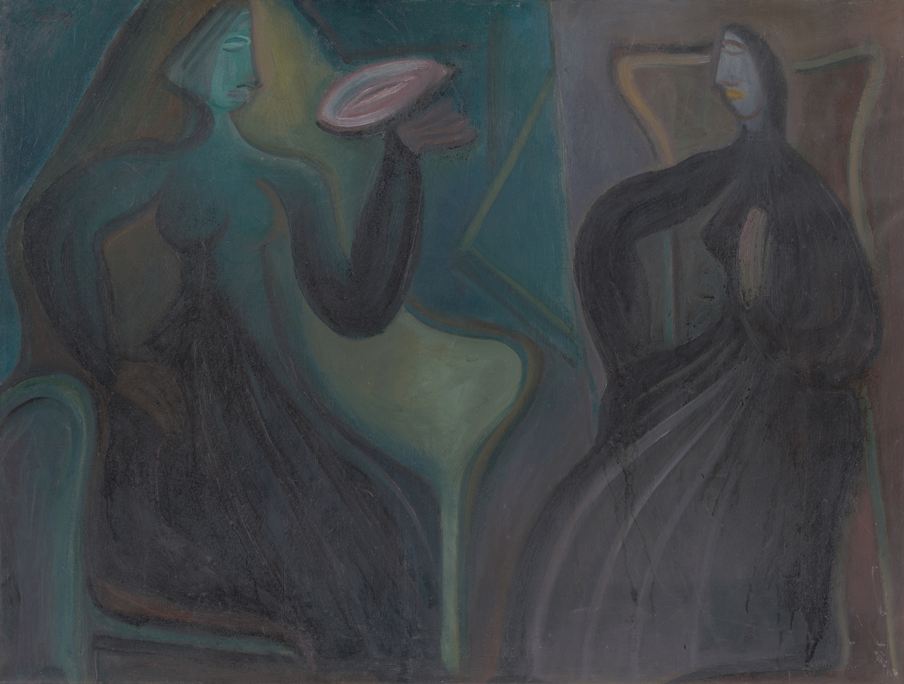 Seated Women by Karol Polónyi, oil on canvas depicting a contemplative woman in soft light.