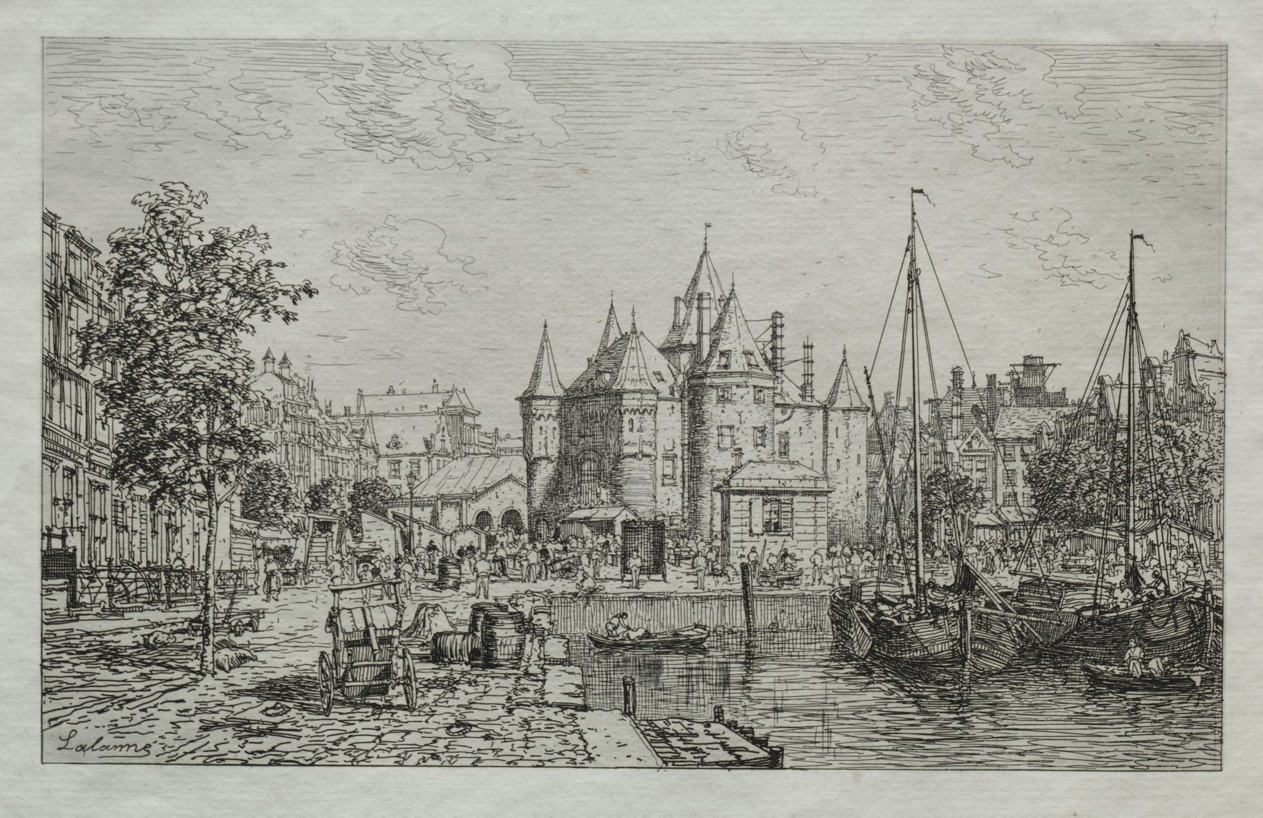 Engraving by Maxime Lalanne showing bustling Amsterdam with figures and canals.