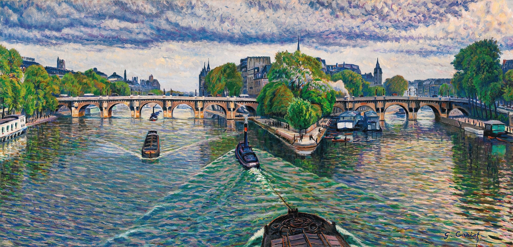 Marine scene with tugboats under a stormy sky, oil painting by Gustave Cariot