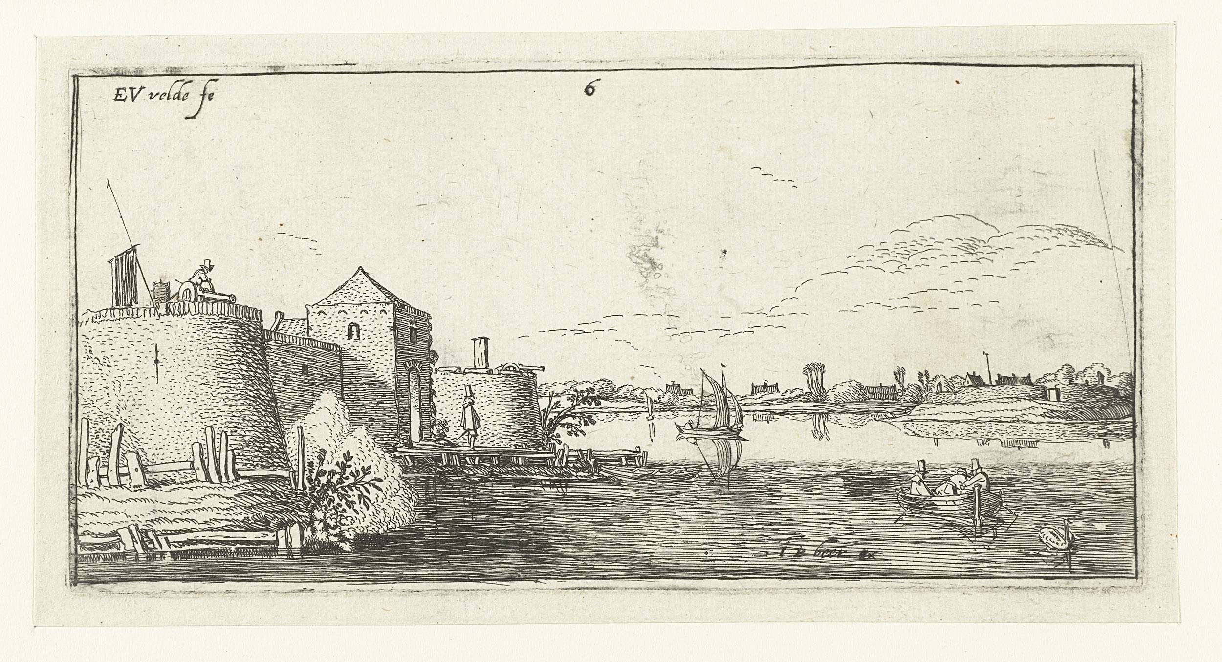 Etching by Esaias van de Velde depicting a fortress by a river under a cloudy sky
