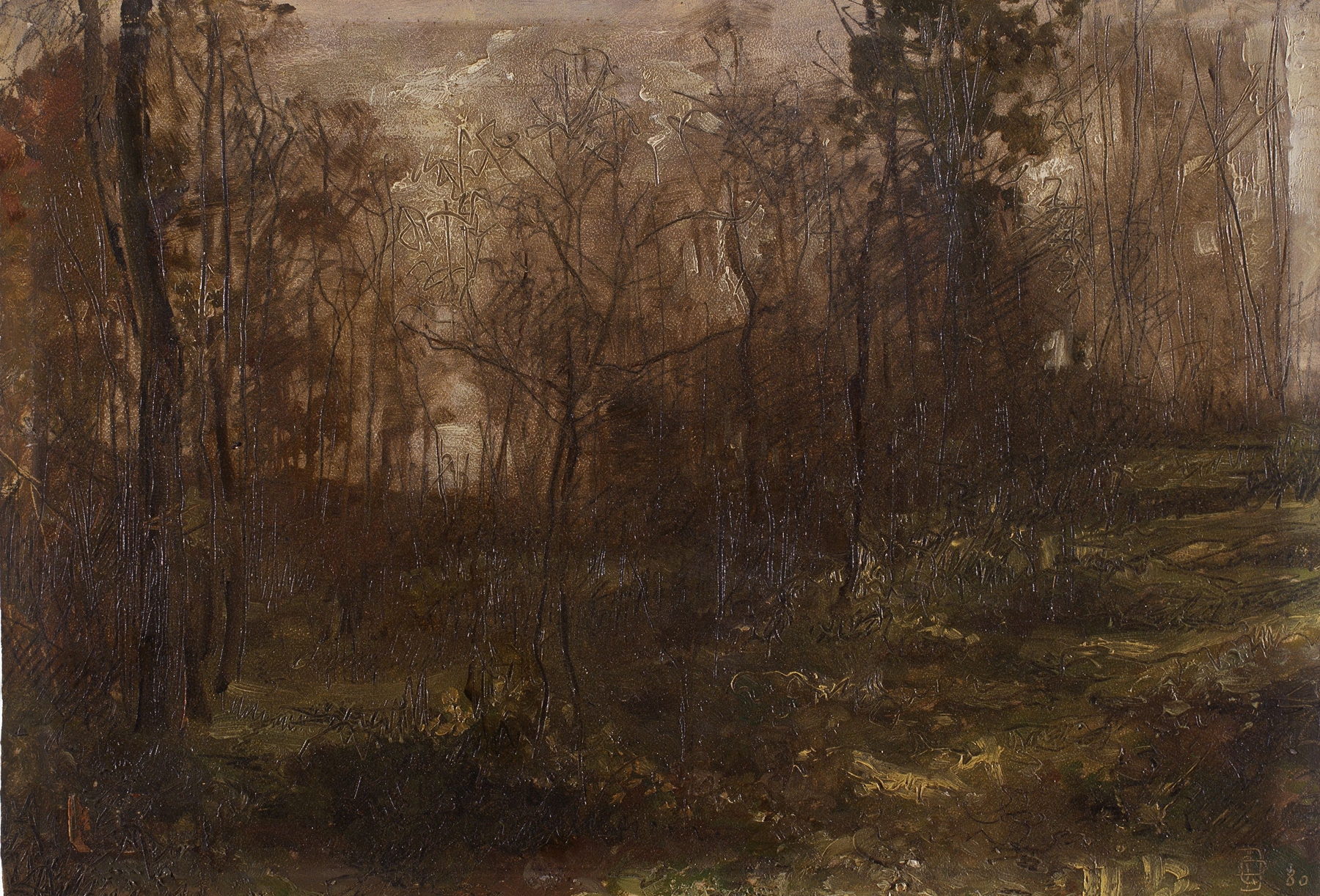 Autumnal Woodland Scene by Gustave Den Duyts, oil painting depicting a tranquil woodland in autumn.