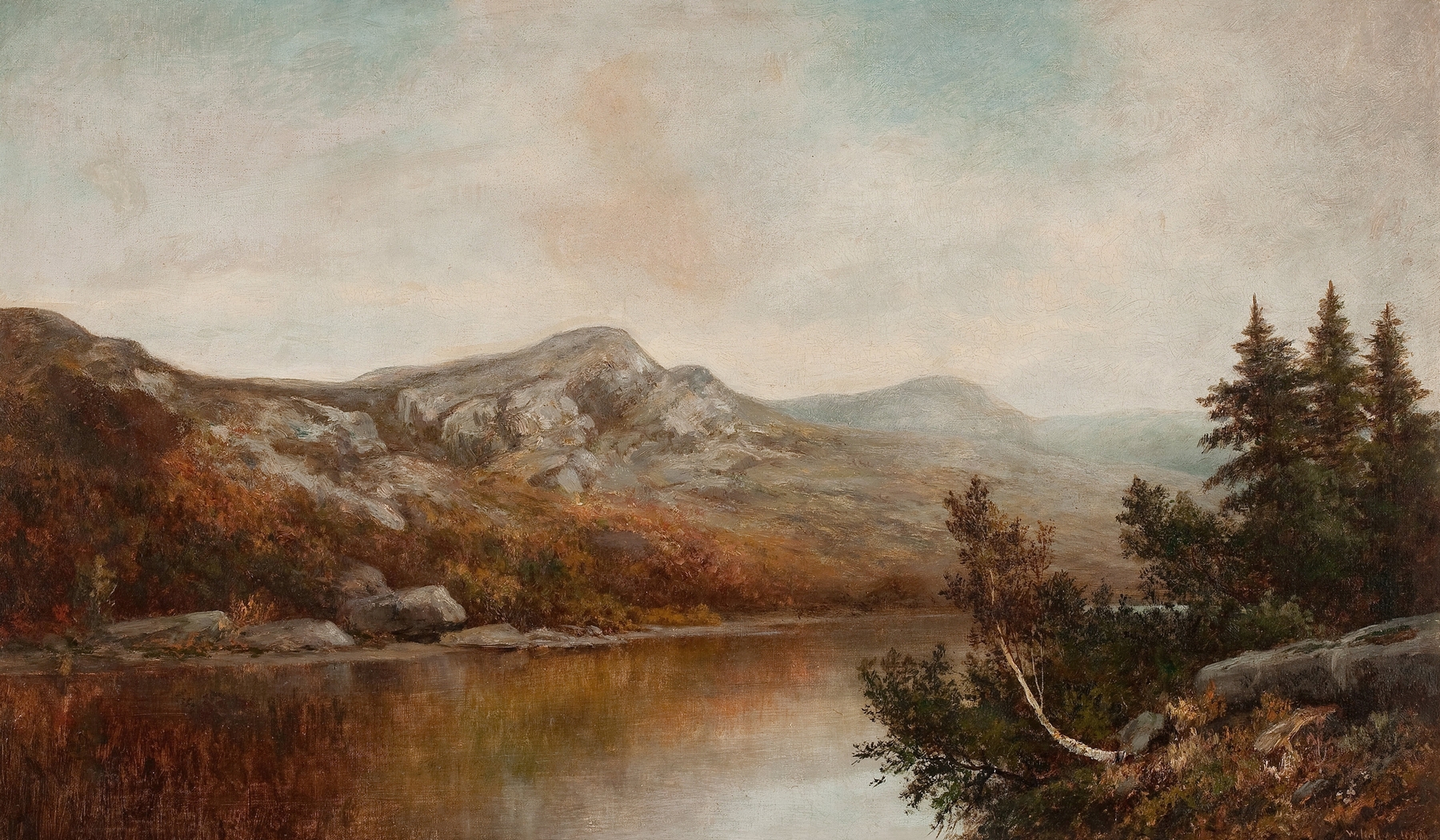 New England Landscape by William Henry Hilliard, oil painting depicting serene hills and trees.