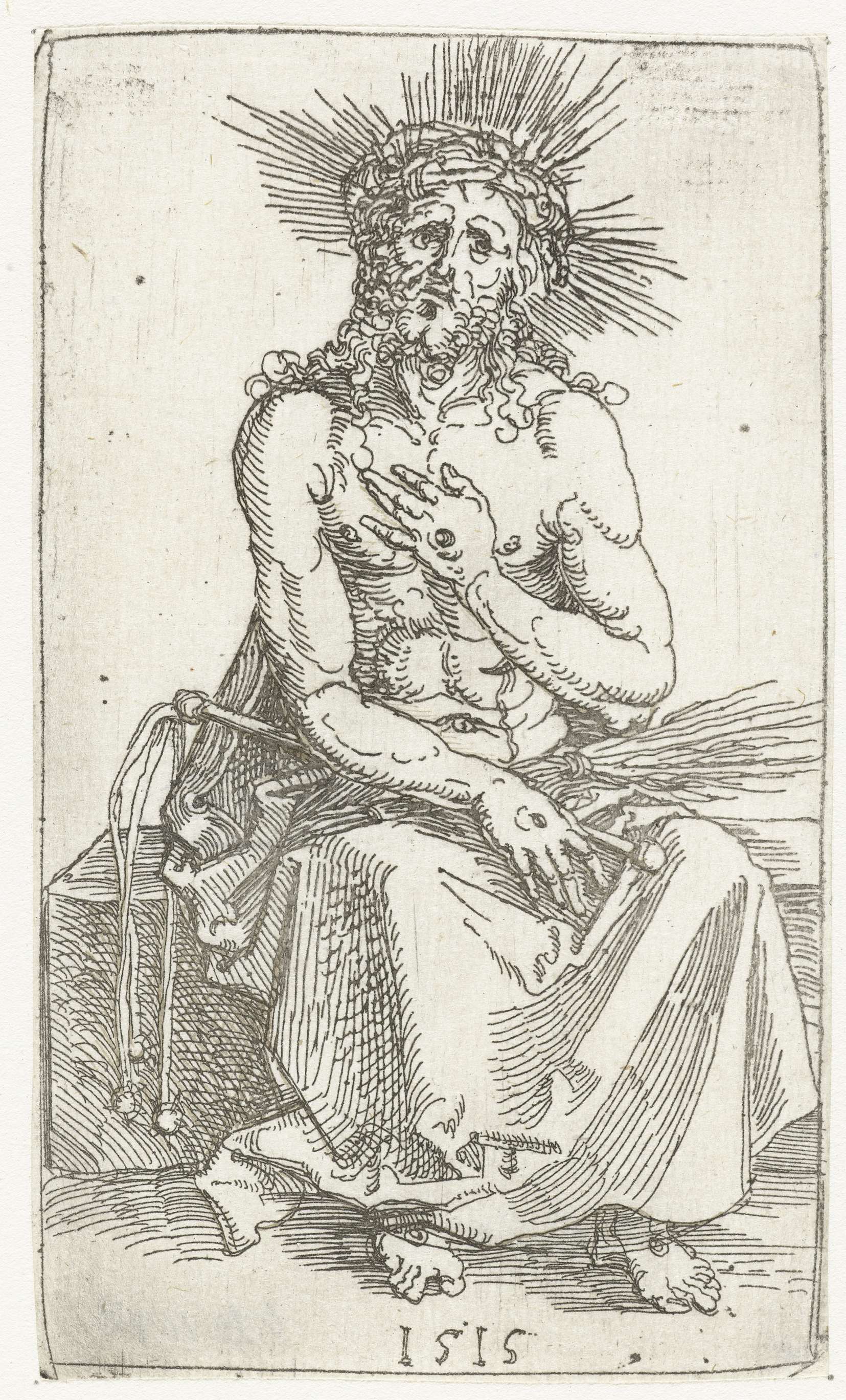 Etching by Albrecht Dürer depicting Christ seated in sorrow.