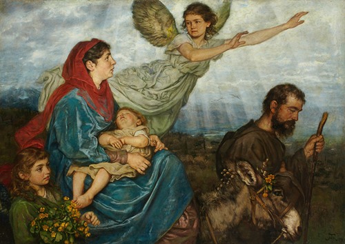 The Flight into Egypt by Hans Thoma depicts a serene journey of Mary and Joseph with the infant Jesus.