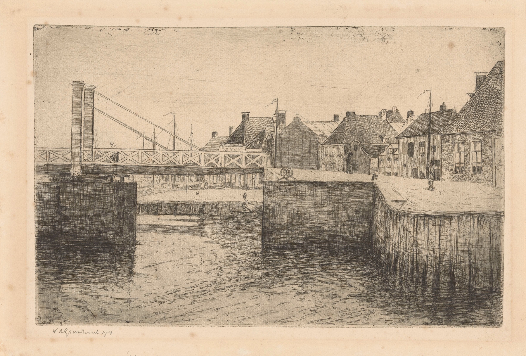 Ophaalbrug in Harlingen by Willem Adrianus Grondhout, oil painting depicting a bridge at sunset