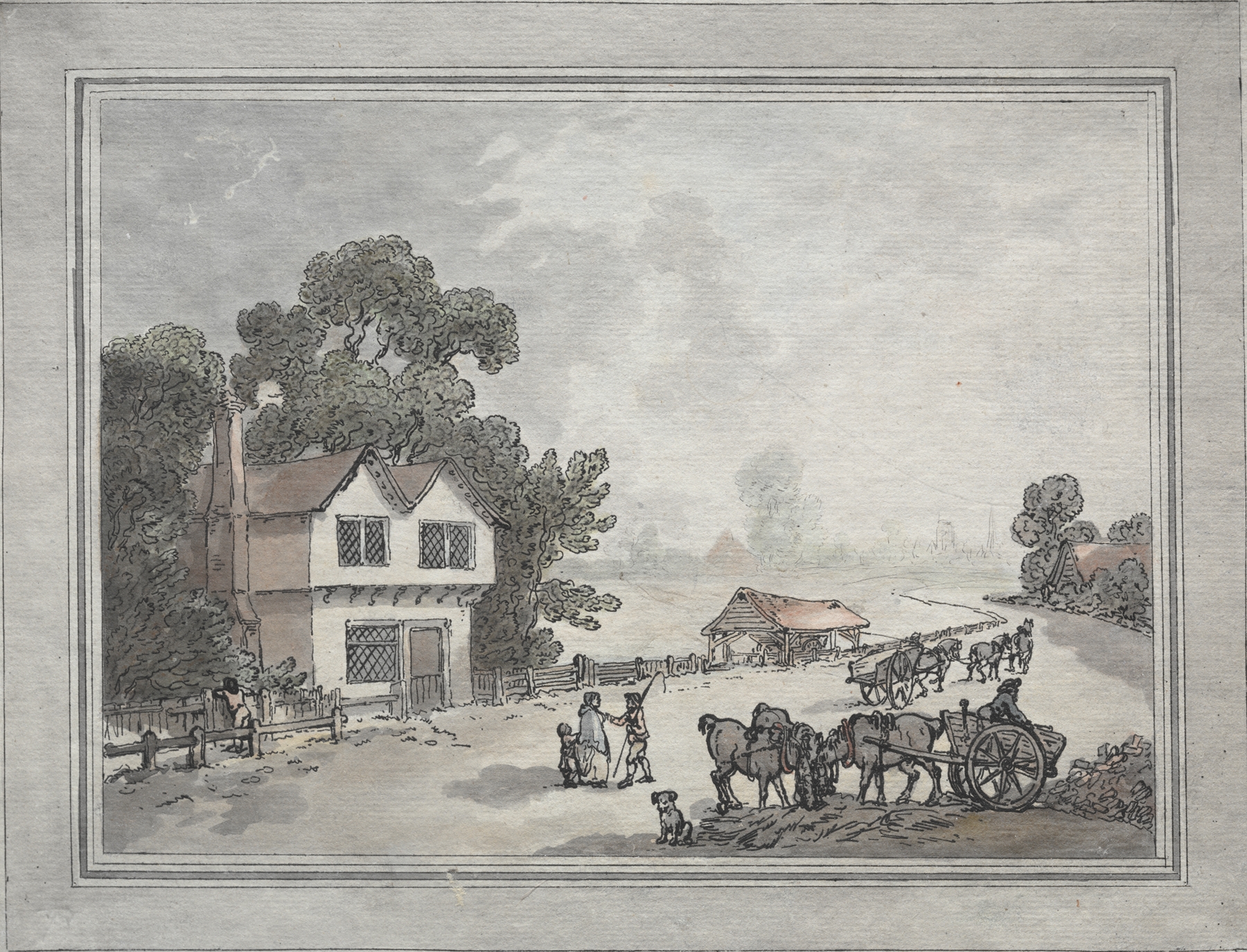 Horses and Carts on a Country Road, by Thomas Rowlandson, public domain
