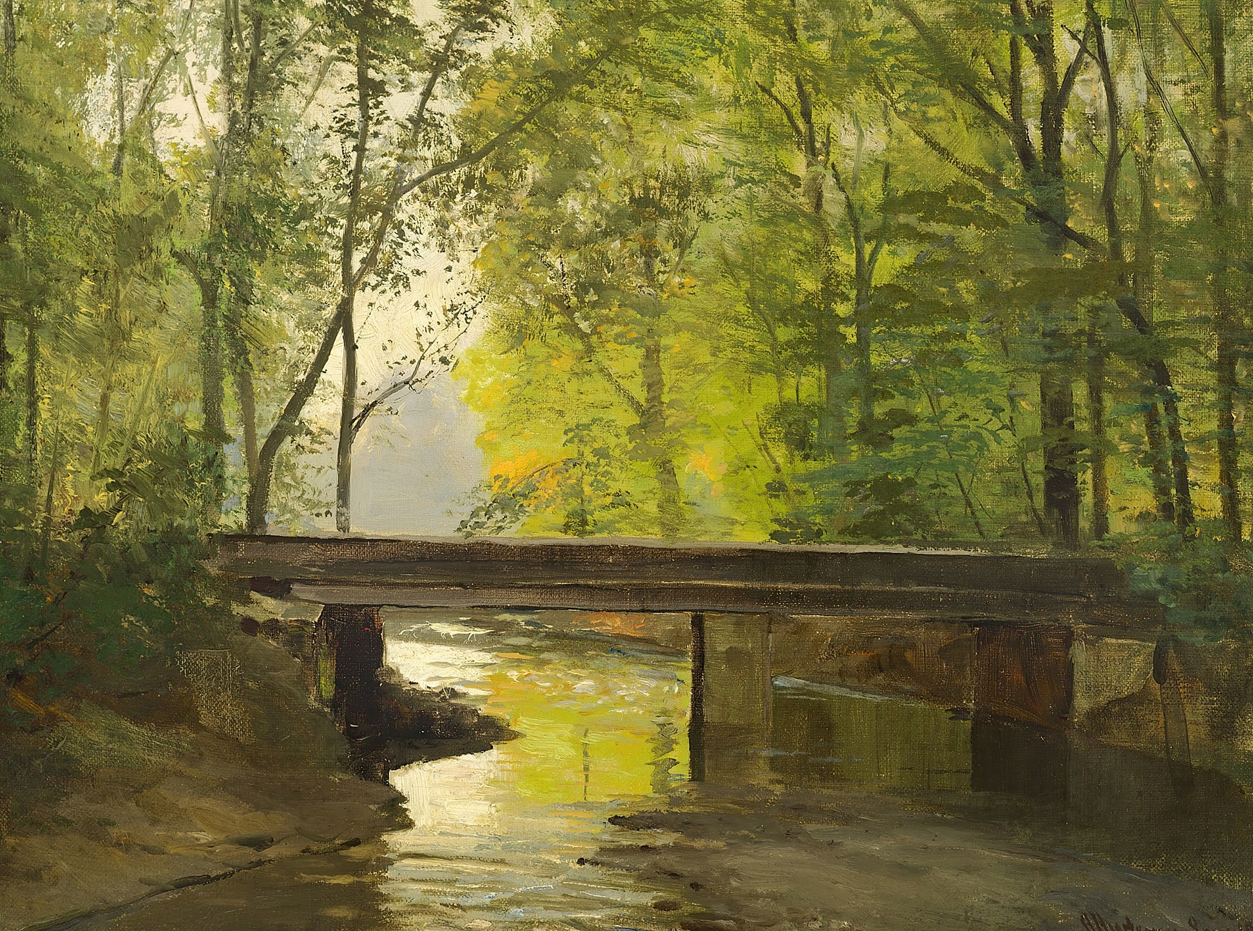 Forest landscape with dappled light, oil painting by Anders Andersen-Lundby
