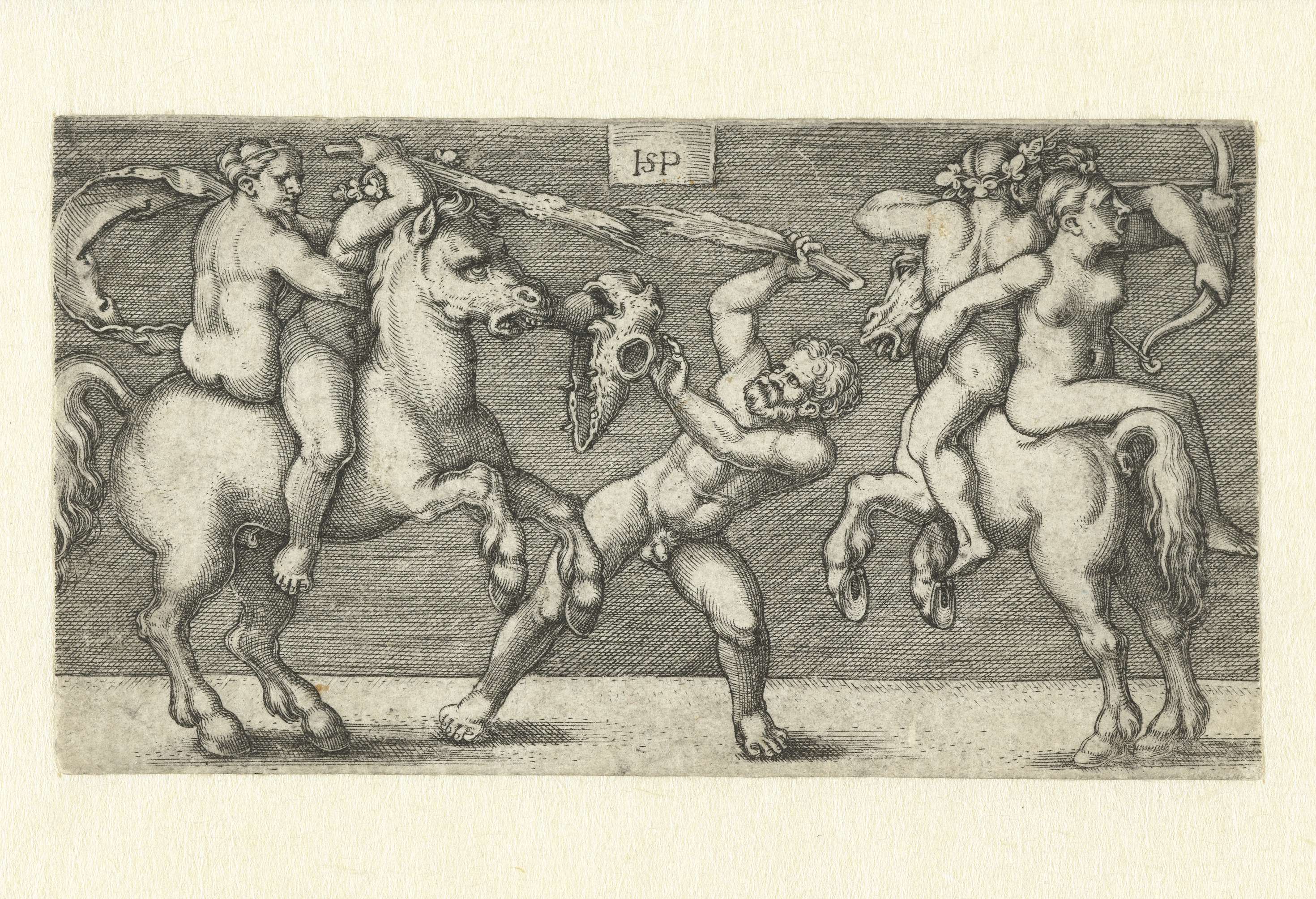 Engraving by Hans Sebald Beham depicting men grappling with women on horseback