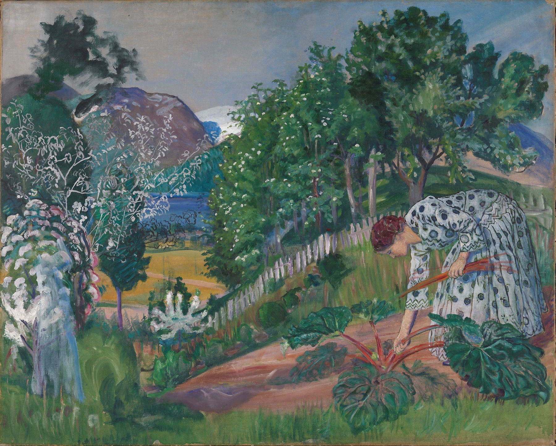 Spring Evening in Jølster by Nikolai Astrup, oil painting depicting a vibrant hillside and sunset.