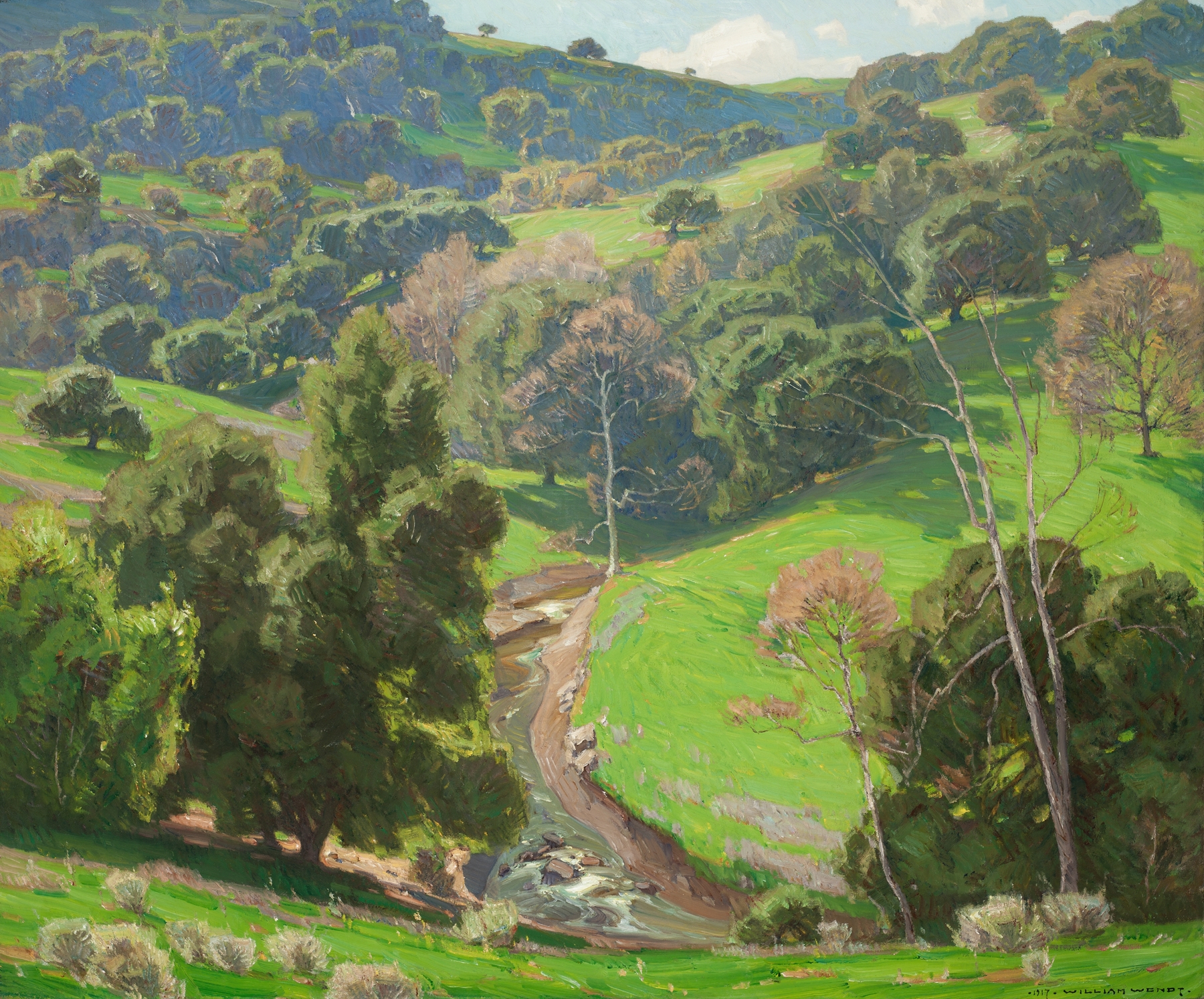 The Mantle of Spring by William Wendt, oil painting depicting vibrant greenery and nature's revival.
