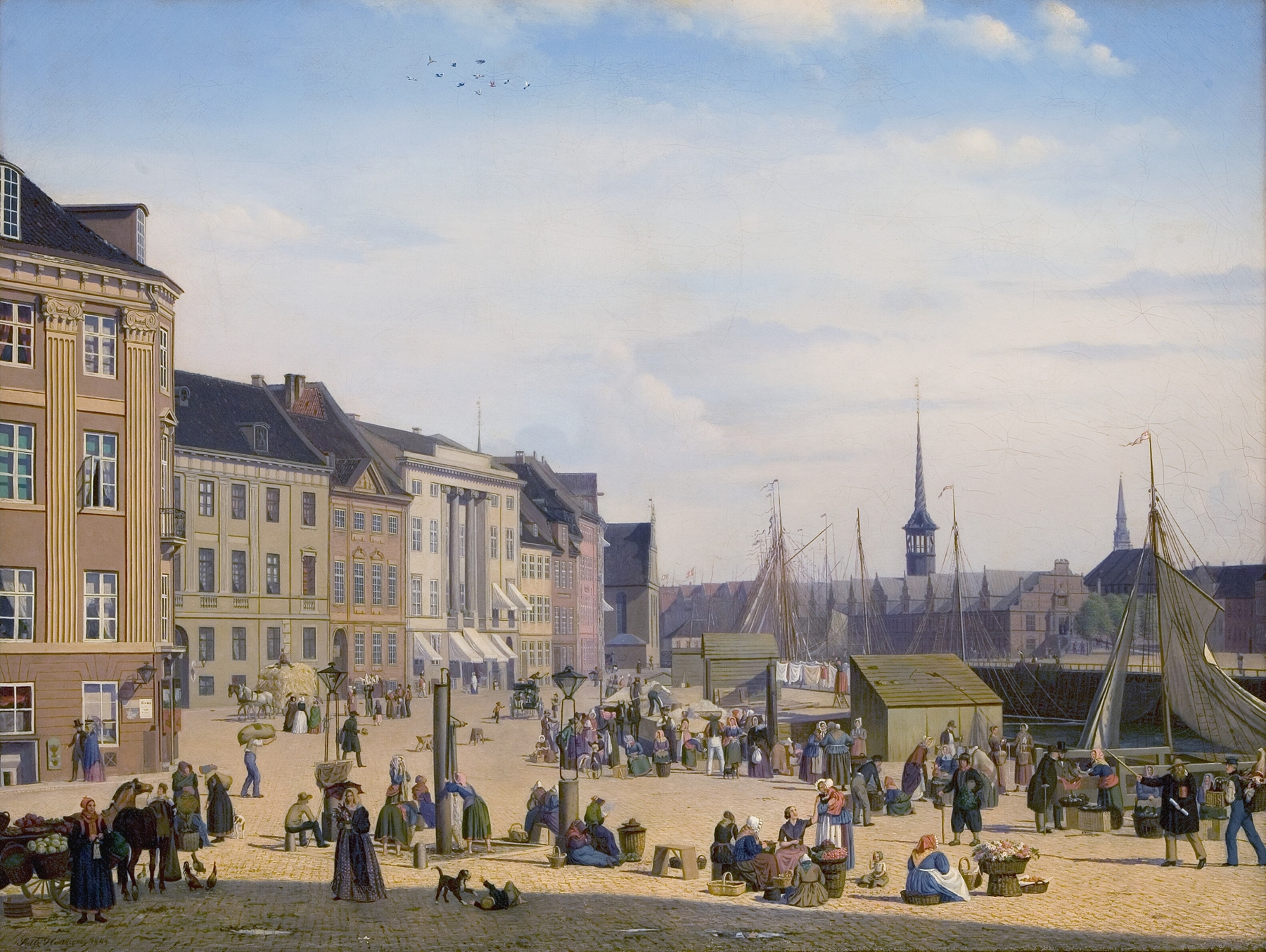 Højbro Plads, a market scene in Copenhagen by Sally Henriques, oil on canvas