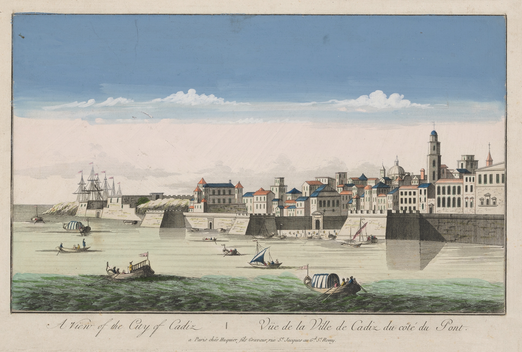 Rococo oil painting of Cadiz with ocean waves by unknown artist